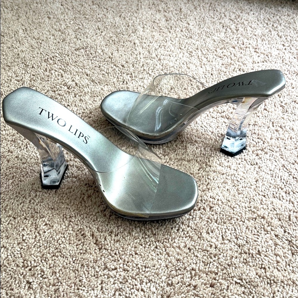 Two Lips Y2K Metallic Silver and Clear Heels